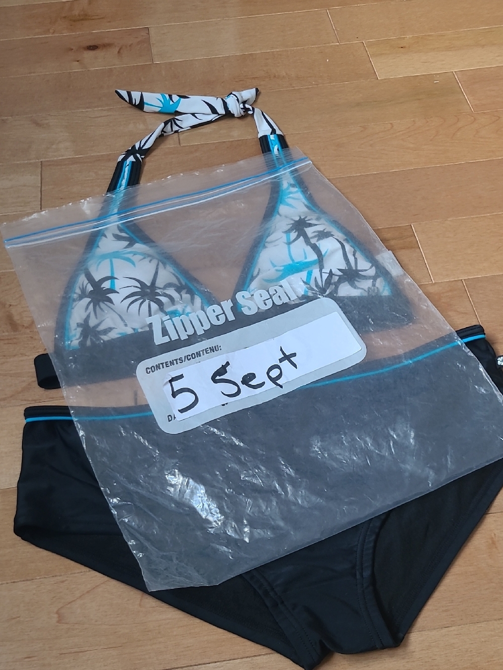 Aqua Bikini Black Blue Tropical Palm Trees Top Sz Medium Bottoms Size Large 2pc - Picture 9 of 10